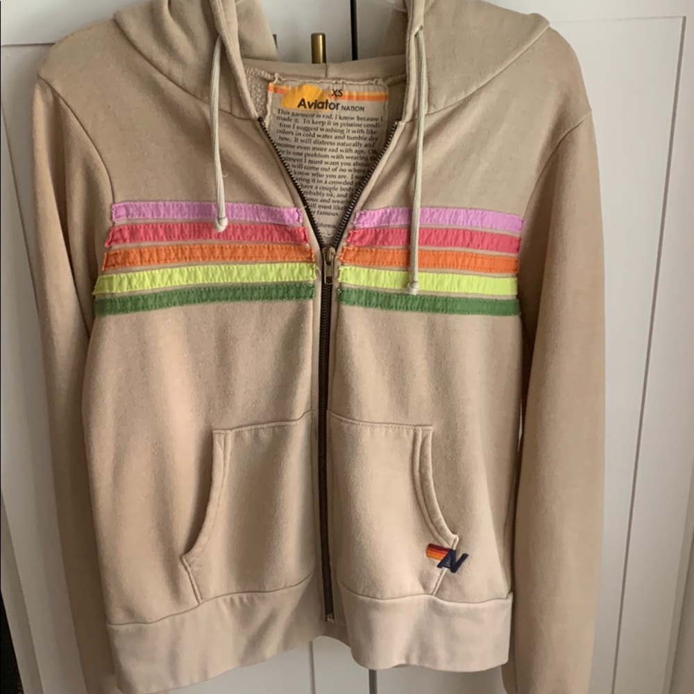 Aviator Nation Beige Zip-Up with Vibrant Stripes